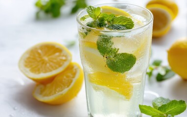 Refreshing Summer Drink, Iced Lemonade with Citrus Slices and Fresh Mint on White, Crisp Natural Lighting, Minimalist Design, Evocative Summer Essence, Glass Condensation