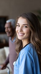 Nurse assisting elderly patient, friendly interaction, home care, possible use for healthcare advertisement