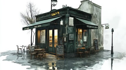 Charming Green Cafe on a Rainy Street Corner in European Cityscape