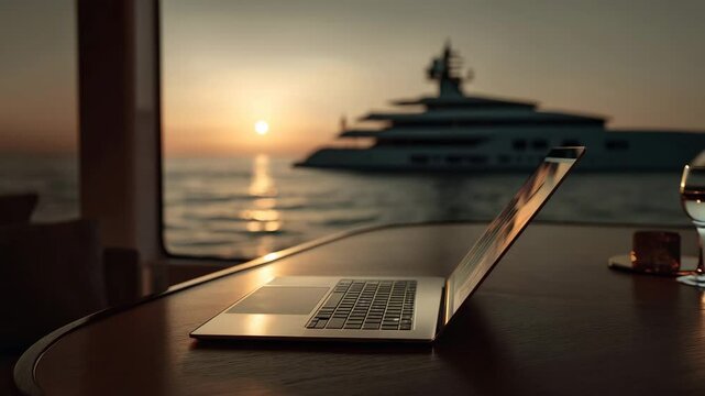 A compact laptop resting on a yacht table with a glowing sunset and calm sea waves in the background, conveying a sense of luxury, where technology and natural beauty blend harmoniously