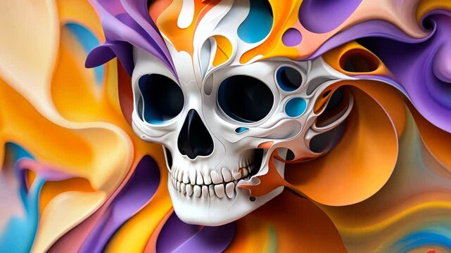 Colorful abstract design featuring a stylized skull surrounded by vibrant swirling patterns