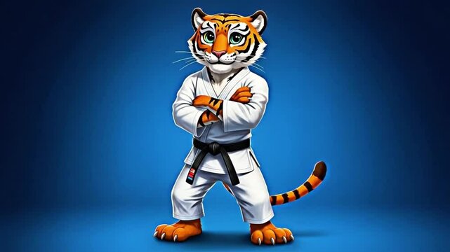 Cartoon Tiger Karate Master on Blue Background