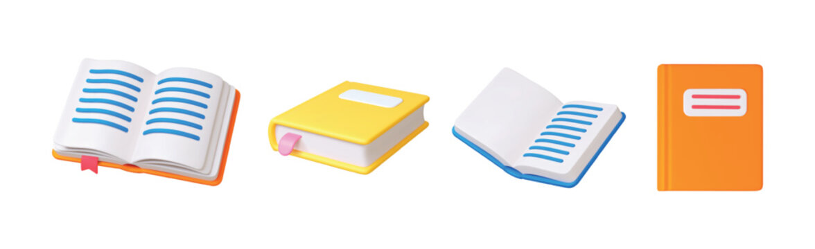 Book 3d icon. Isolated books, open closed notebook. School college learning tools and supplies. University, library, education, bookstore concept. Realistic vector set