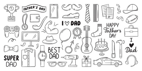 Doodle dad day set. Accessories father, sketch style wallet car tie guitar watch. Family party, best father lettering, gift neoteric vector icons