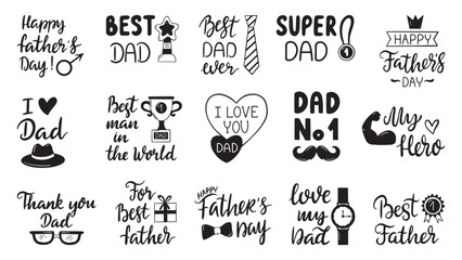 Happy fathers day lettering. Super dad, my hero, best father handwritten phrases and icons. Decorative hand drawing text for cards, posers, neoteric vector set