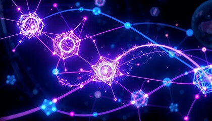 Naklejka premium 3D Neon Bioluminescent Abstract Geometric Network with Interconnected Shapes and Glowing Lines on Dark Background Perfect for Decoration