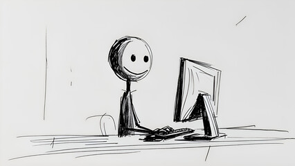 Cartoon Character Smiling While Using Computer Desk