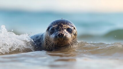Fototapeta premium A young seal splashing in the shallow waves, its fur dripping wet, playful and energetic,