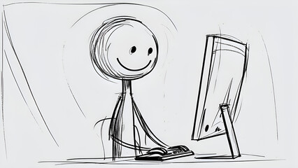 Cartoon Character Smiling While Using Computer Desk