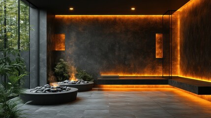 Modern spa lounge with fire pits and warm lighting; tranquil interior design