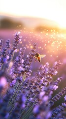 Naklejka premium A breathtaking ultra-detailed macro view of lavender fields in Provence, France, just before sunset