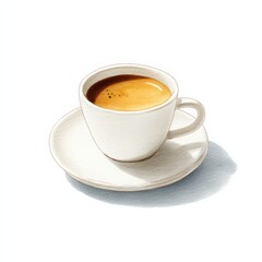 Fototapeta premium Watercolor and line art illustration of espresso in white ceramic cup with saucer, minimal hand drawn style for cafe menu and branding, Vector Design, Isolated..