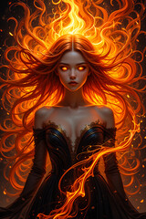 A mystical woman surrounded by swirling flames that form intricate, artistic patterns