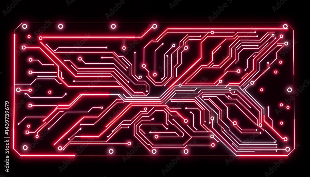 Poster 3d neon biotech illustration with interconnected red and white lines against a black background feat