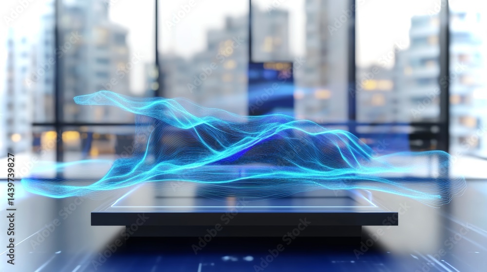 Poster floating model of holographic waves in a minimalistic lab space showcasing advanced technology