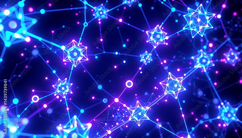 Poster 3d neon biotech network illustration featuring molecular structures and glowing particles in blues a