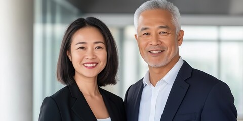A man and a woman are posing for a picture in a business setting. The woman is wearing a black suit and the man is wearing a white shirt and a suit jacket. They both have smiles on their faces