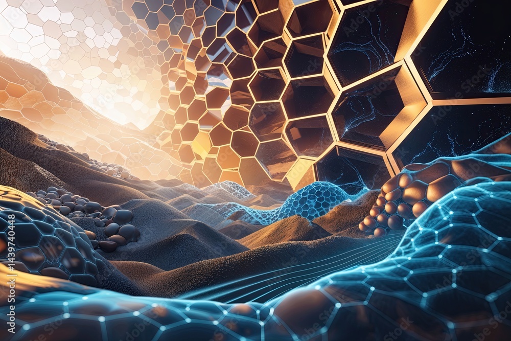 Poster contemporary scientific landscape with hexagonal patterns and dynamic wave flow for molecular dynami