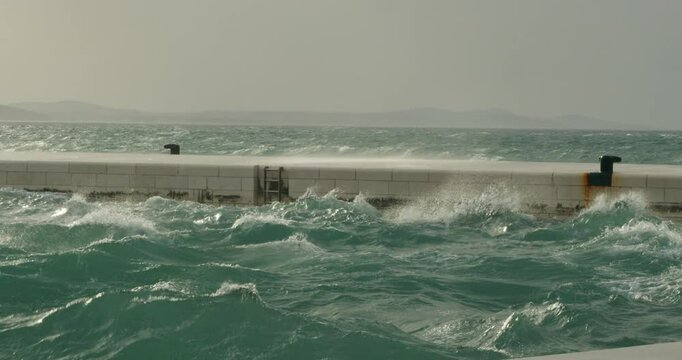 Strong Waves from the Jugo Wind Crash on the Promenade in Zadar, Croatia