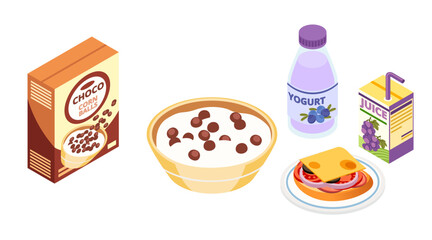 Isometric set of breakfast foods. Chocolate cereal box. Bowl with chocolate cereal. Sandwich on plate. Yogurt bottle with cap. Grape juice carton with straw. Vector illustration isolated on white