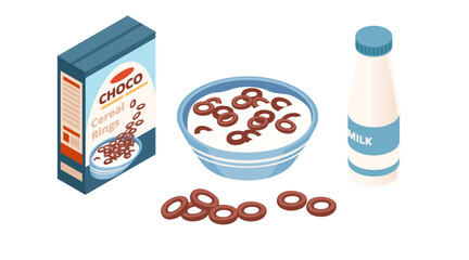 Isometric set of chocolate cereal products. Blue banded cereal box. Bowl with cereal rings. Milk carton. Breakfast food collection. Simple healthy breakfast. Vector illustration isolated on white