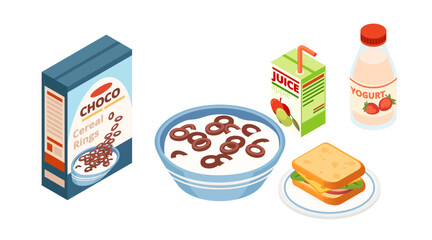 Isometric set of chocolate breakfast foods. Chocolate cereal box. Bowl with chocolate cereal rings. Sandwich on plate. Apple juice carton. Yogurt bottle. Vector illustration isolated on white