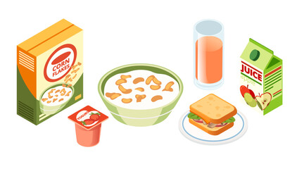 Collection of isometric breakfast foods. Cereal box with packaging. Bowl with cereal. Glass of apple juice. Sandwich on plate. Yogurt container. Vector illustration isolated on white background