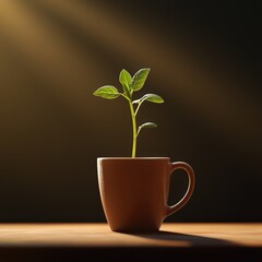 Green sprout in coffee cup