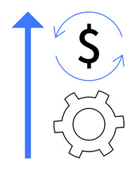 Blue upward arrow, circular dollar sign, and gear symbolizing growth, financial flow, and operational efficiency. Ideal for business, strategy, economics, development innovation automation simple