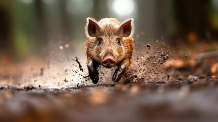 A wild boar charging forward in a muddy jungle