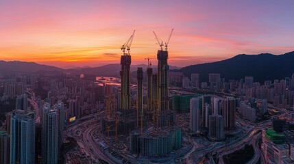 Obraz premium Sunset Cityscape Construction Cranes