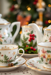 table topped with a tea set next to a christmas tree