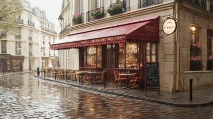 Charming Parisian Cafe Street Scene with Rain and Historic Architecture