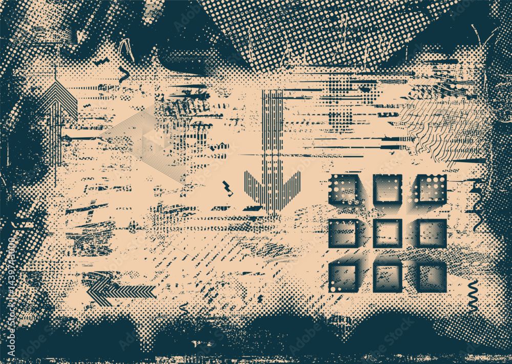 Poster Background with glitch distorted grunge textures . grunge background texture with halftone dots, glitched shapes, textures and lines .Screen print vector background with grunge textured surface.