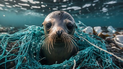 Fototapeta premium A deeply emotional ultra-realistic photograph of a young sea lion struggling to free itself from a plastic fishing net