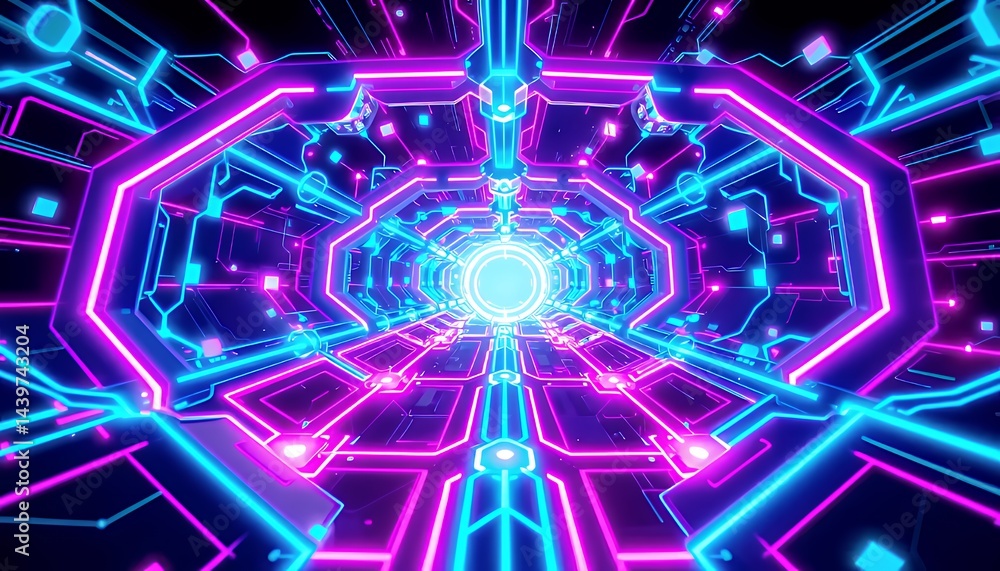 Aufkleber abstract 3d neon biotechnology illustration with glowing geometric shapes and circuit patterns in bl