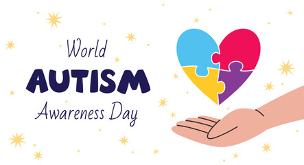 World Autism Awareness Day horizontal banner with colorful puzzle heart over a hand. Vector illustration of event web banner design