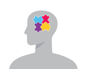 Human silhouette with a colorful puzzle inside a head. Human psychological complexity concept. Vector illustration on a white background
