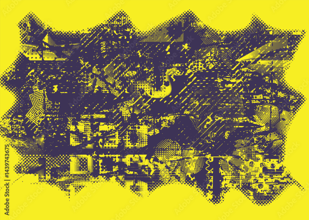 Poster Background with glitch distorted grunge textures . grunge background texture with halftone dots, glitched shapes, textures and lines .Screen print vector background with grunge textured surface.