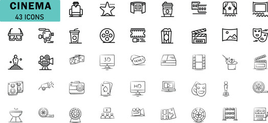 Cinema Icons. Movie Theater Entertainment Vector Set for Film, Tickets, Popcorn, Camera, Awards, 3D Glasses