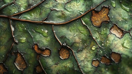 A dramatic macro shot of a once-lush green leaf, now scarred with irregular holes and brown burns from acid rain