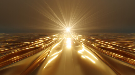 Obraz premium Radiant golden light beams, glossy reflective path, central starburst glow. Futuristic abstract background for tech product launches, luxury beauty , premium brand visuals, digital innovation