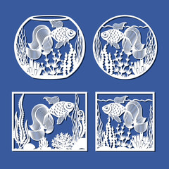 Set of carved paintings with fish. Goldfish, algae, corals in a round, square frame, aquarium. Template for plotter laser cutting of paper, fretwork, wood carving, metal engraving, cnc. Vector image.