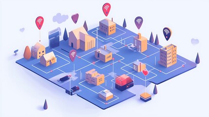Isometric City Map with Wireless Signals and Smart Buildings in Modern Urban Landscape