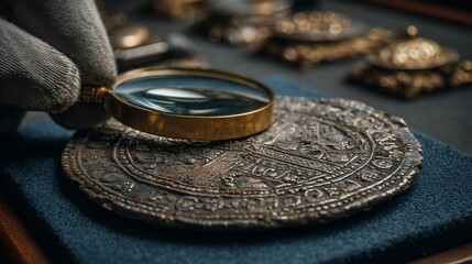 Antique coin examined under magnifying glass