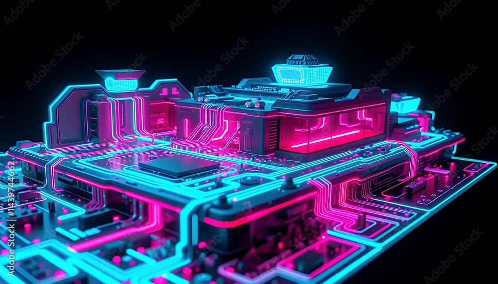 Poster abstract neon biotech illustration with glowing pink and cyan circuits on dark background futuristic