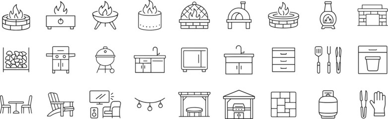 Backyard firepit outdoor features line icon set. Vector pictograms of kitchen, patio, fireplace, chiminea, pizza oven, firewood, propane tank, thin linear illustration.