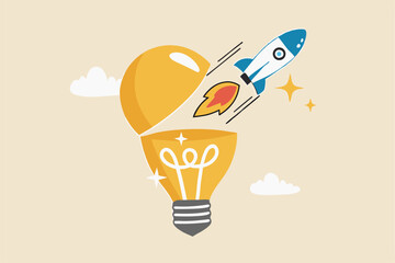 Innovation to launch new idea, entrepreneurship or startup, creativity to begin business or breakthrough idea concept, innovative rocket launch flying high from opening bright lightbulb idea.
