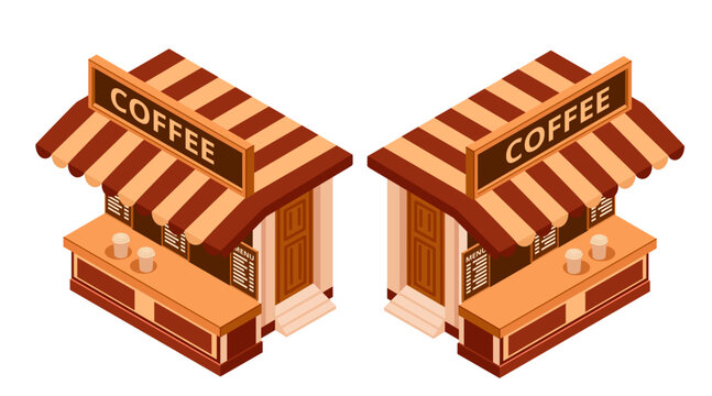 Collection of coffee shop kiosks. Wooden coffee stands with striped awnings. Small commercial coffee booths. Outdoor coffee selling points. Vector illustration isolated on white background