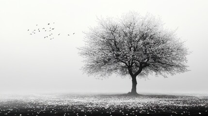Lonely tree in misty field with birds flying